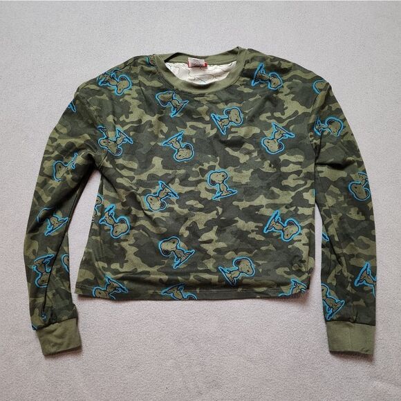 Peanuts Snoopy Tee Women’s S Long Sleeve Green Camo Print Soft Lounge Top - Picture 2 of 9